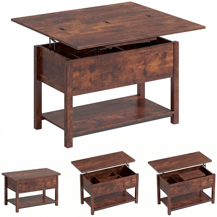 Table basse relevable - HOMCOM - plateau pliant compartiment et étagères - MDF - 100x45x50 5cm - brun rustique Table basse relevable - HOMCOM - plateau pliant compartiment et étagères - MDF - 100x45x50 5cm - brun rustique