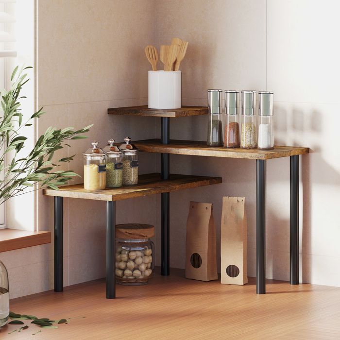 Étagère de cuisine rotative à 3 niveaux étagère dangle cadre en métal 40 x 18 x 365 cm brun rustique