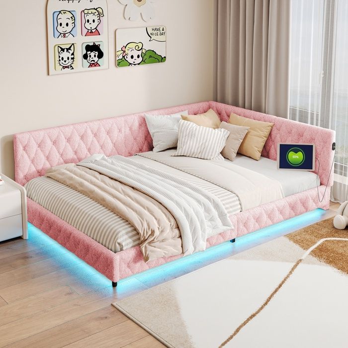 lit double 140x200cm Canapé lit lit 140x200 avec sommier LED réglable Chargement USB canape lit 2 Places peluche polaire rose