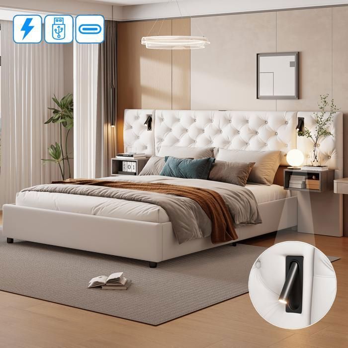 Lit coffre 160x200 cm avec rangement Cadre de lit 160x200 avec sommier LED et USB 2 tables de chevet intégrée Velours Beige