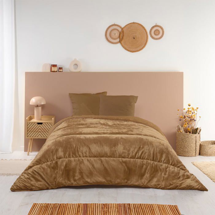 Couette Chaude Réversible Velours Uni Moka 220x240cm pour Lit 2 places - Édredon 300g/m² Fabriqué en France - Marron - BLEU CALIN