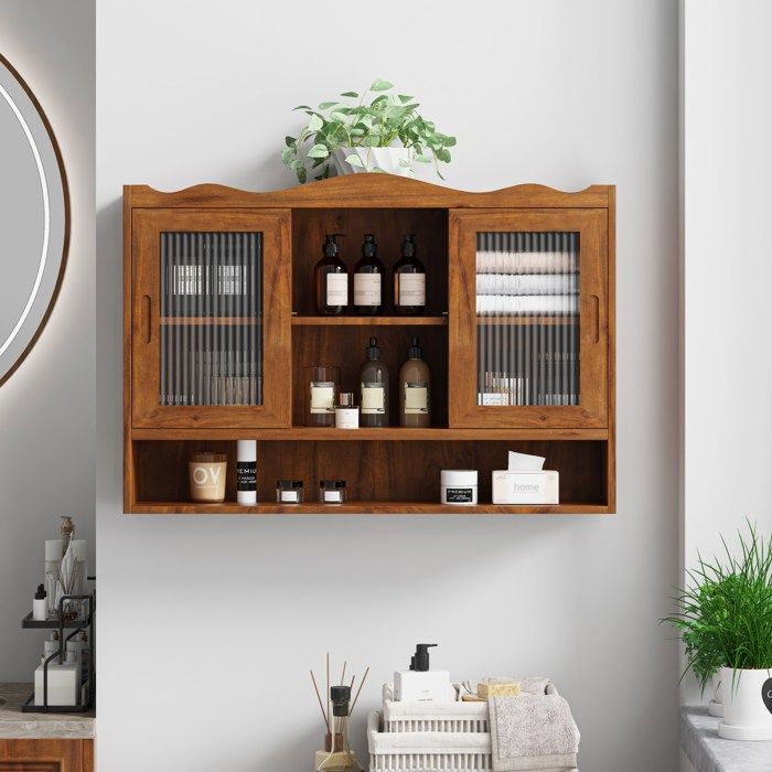 Meuble mural de salle de bain rétro 2 portes coulissantes - ELVMI - en bois massif et verre marron 90 cm
