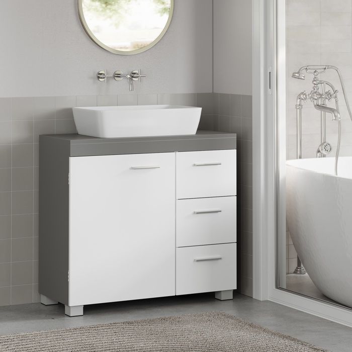 Modèle vasque intégré 3 Grands Tiroirs Placard sous Vasque 2 Compartiments Derrière la Porte 30 x 70 x 64 cm Gris et Blanc