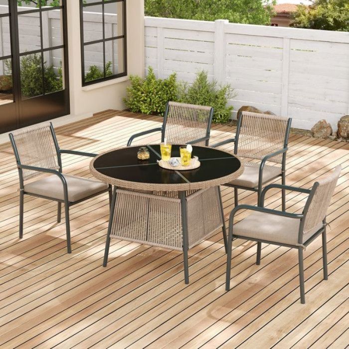 Salon de jardin modulable en rotin - Table ronde en verre - 4 fauteuils - Cadre en fer - Rotin PE - Coussins inclus