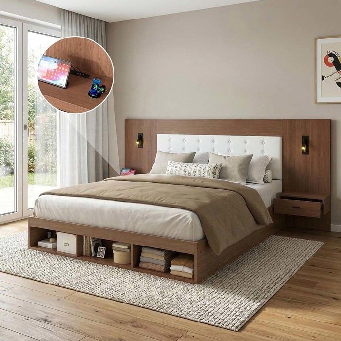 Lit double - 180 x 200 cm - Avec rangement - Ports USB & Type‑C - Bois massif noyer