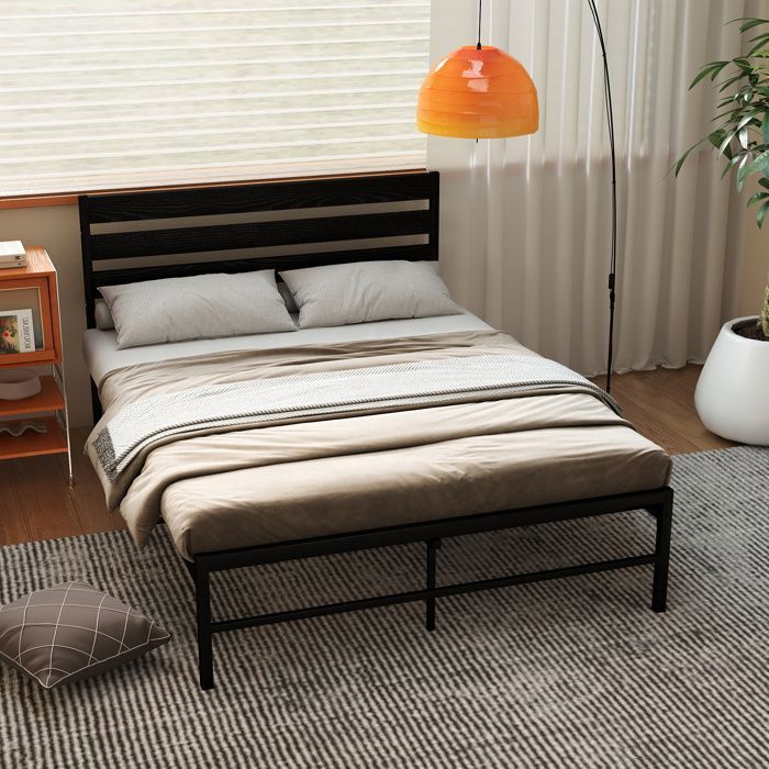 Lit adulte 140x200 cm en métal avec sommier à lattes et tête de lit noir sans matelas