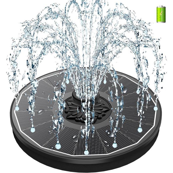 Fontaine solaire 3.5W verre fonctionne par temps nuageux batterie 2000mAh 7 buses & 4 fixateurs pour bain d’oiseaux
