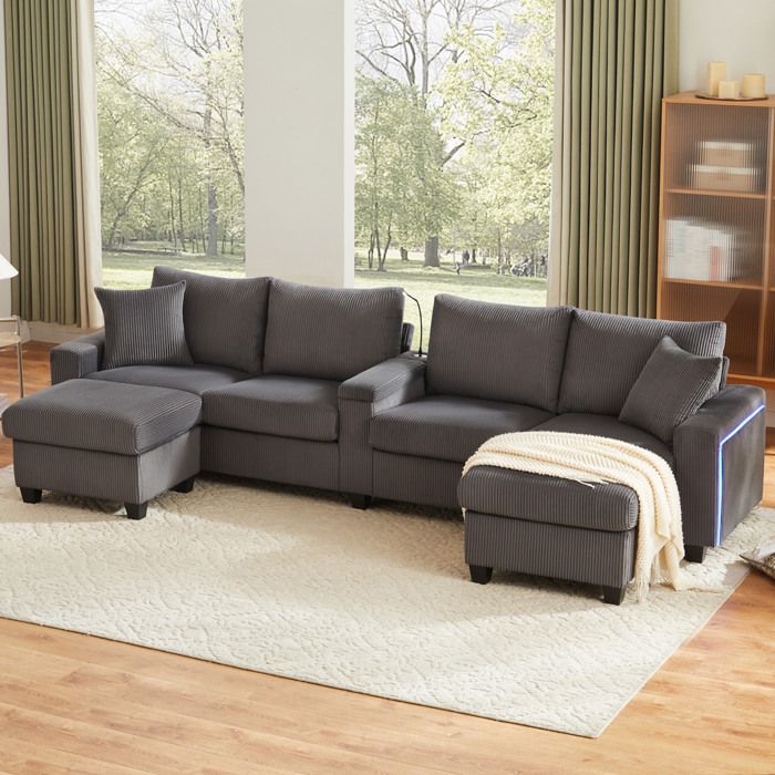 Canapé en U avec 2 tabourets lampe de lecture et USB/Type-C - TCQPZ - en tissu côtelé gris 334 × 128 5 × 81 cm