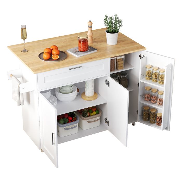 Îlot Central Cuisine avec Plateau Pliant Desserte de Cuisine sur roulettes avec Placard étagères Réglables Tiroir 4 Portes Blanc
