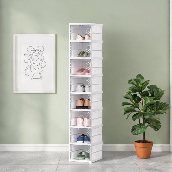 Rangement à chaussures empilable en plastique blanc – 8 casiers à portes transparentes design pliable pour entrée ou dressing