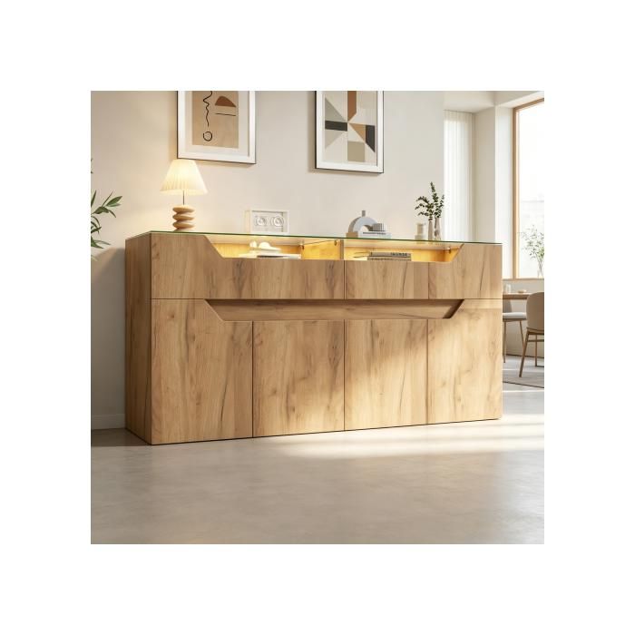 Buffet 140x40x70 cm avec plateau en verre trempé LED intégrée 2 tiroirs et rangement bas MDF finition bois naturel