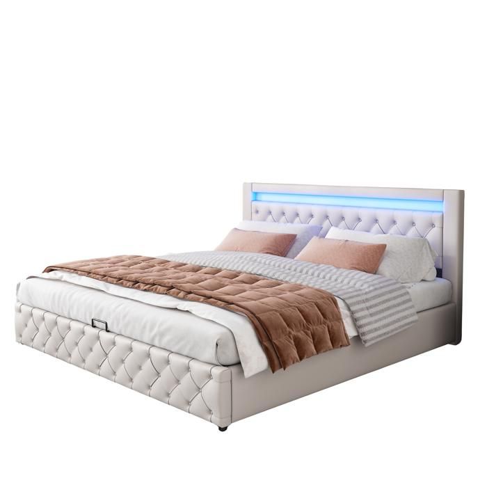 Lit coffre 160 x 200 cm avec sommier à lattes et LED grand espace de rangement blanc simili cuir PU