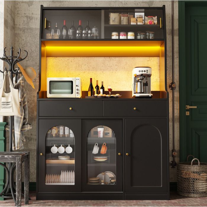 Buffet haut de cuisine noir 120 x 40 x 180 cm avec LED 2 tiroirs portes vitrées et étagères réglables