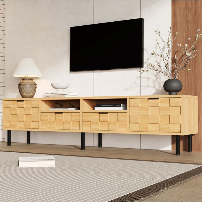 WOVREO Meuble TV bas 200 cm bois naturel 2 portes 2 tiroirs 2 niches jusquà 80 pouces