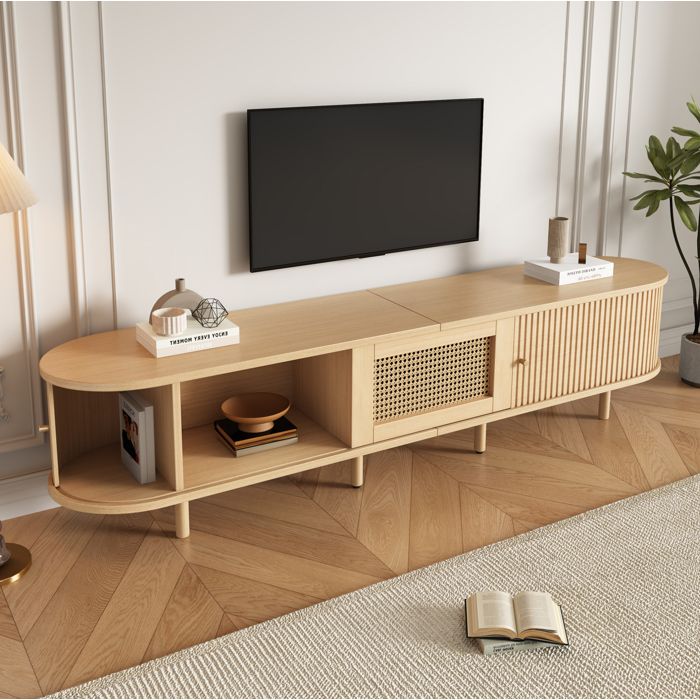 WOVREO Meuble TV 180x40x40 cm en MDF aspect bois clair et rotin 2 portes coulissantes 1 tiroir