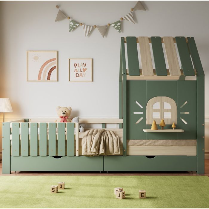 Lit Cabane Enfant 90×200 cm Toit Fenêtre et 2 Tiroirs - ELVMI - Sans Matelas Pin et MDF - Vert Naturel