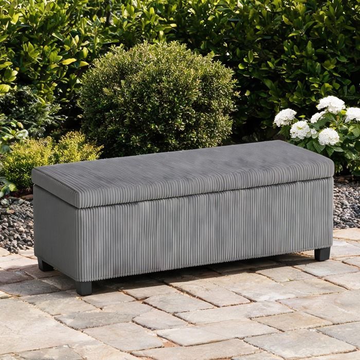 Banc coffre avec rangement 84 L en tissu cord gris cadre en acier 112 x 42 x 40 cm assise confortable pour salon ou chambre