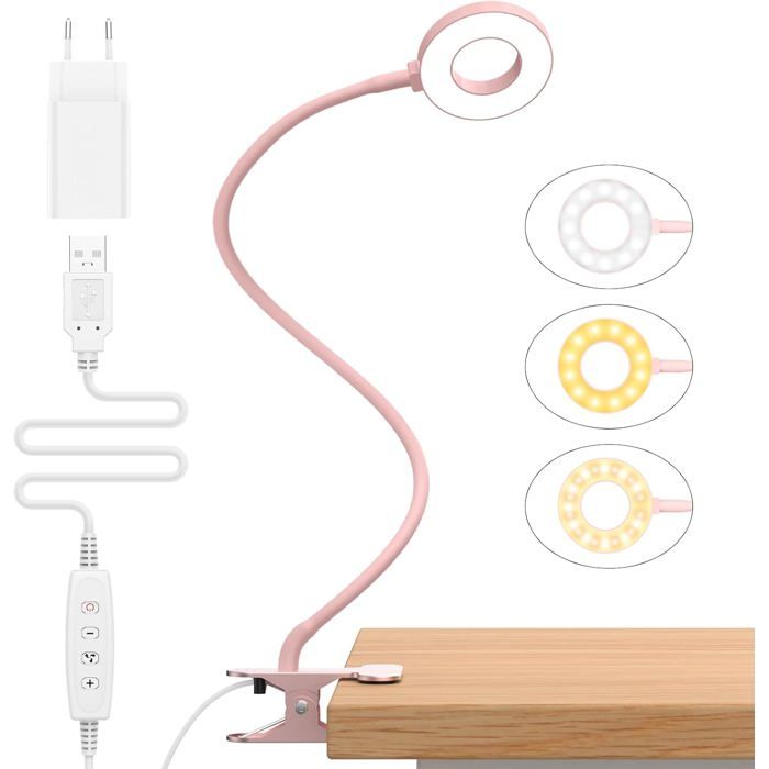 Lampe LED pince 10 W 3 modes 10 luminosités col cygne flexible 360° 70 cm USB 5V/1A câble 150 cm LED 23 protection des yeux