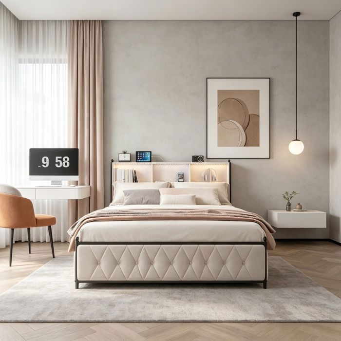 Lit 180x200 cm LED et USB-C 4 tiroirs lit double avec sommier tissu en velours beige