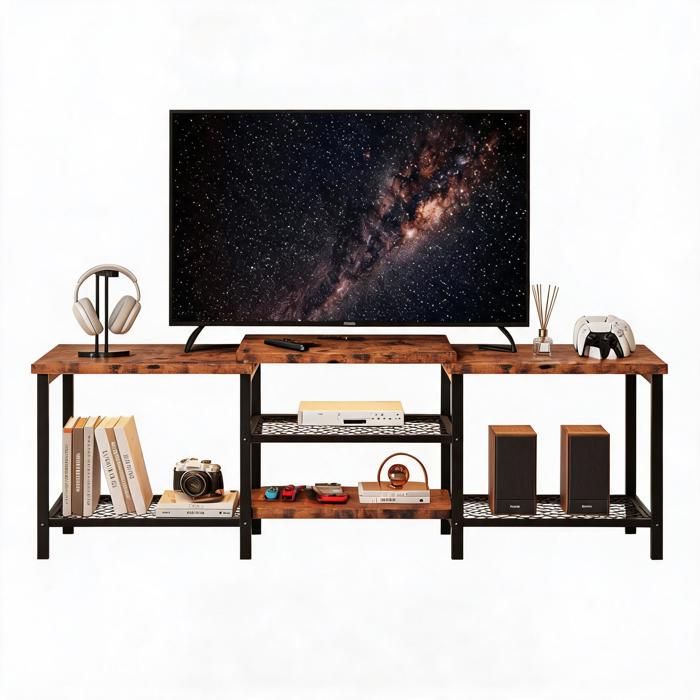 Meuble TV gris avec éclairage LED et station de facturer – Centre de divertissement avec étagères ouvertes – Console multimédia