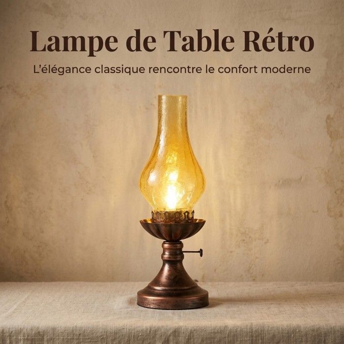WOTTES 1pcs Lampe Vintage Électrique Style Pétrole Verre Transparent Base en Métal pour Salon Chevet ou Bureau