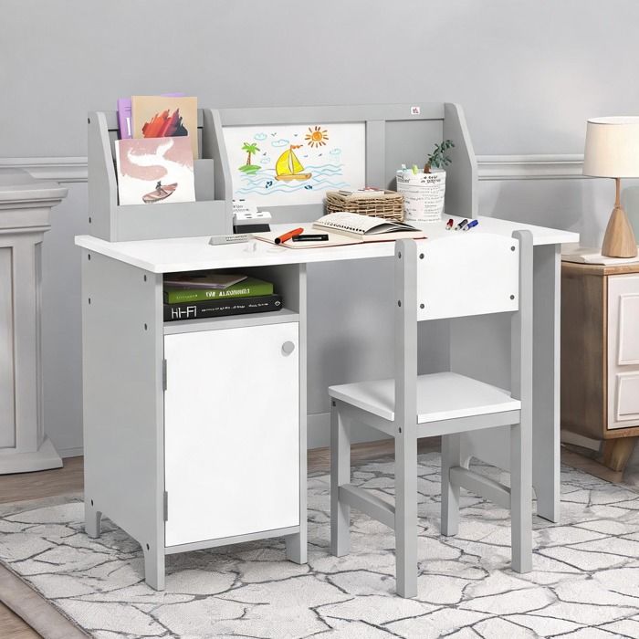 Bureau enfant avec tableau blanc et chaise MDF gris 90 x 45 cm rangement intégré
