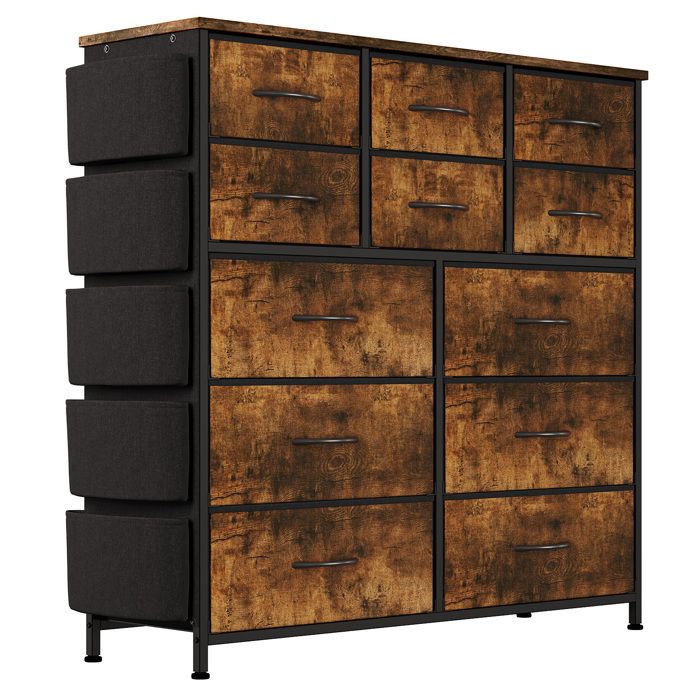Commode 12 Tiroirs Meuble de Rangement pour Chambre Acier Panneau MDF - 12-Drawer Dresser with 5 Side Pockets and 2 Hooks -Marron