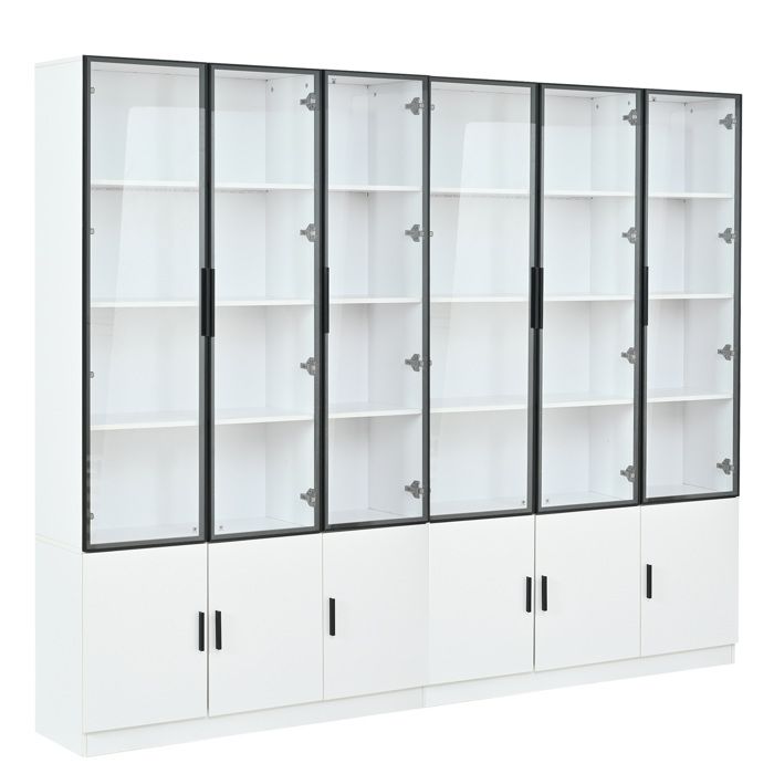 Vitrine haute – 240 x 32 x 200 cm – 12 portes – LED pilotable par application – MDF et verre – Blanc