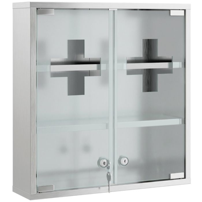 Armoire à pharmacie verrouillable avec 2 clés porte vitrée et 6 étagères 48 x 46 x 12 cm argentée
