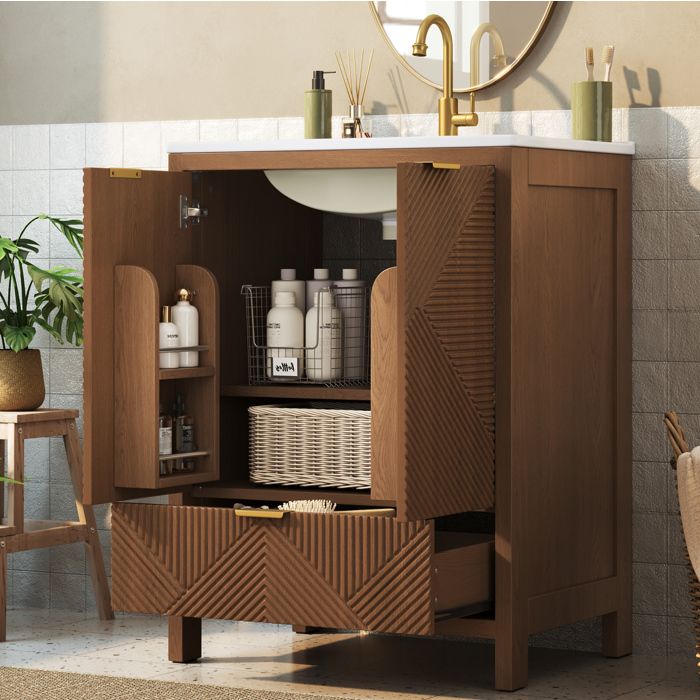 Meuble sous vasque sur pied 61 cm noyer avec vasque en céramique 2 portes tiroir et fermeture douce