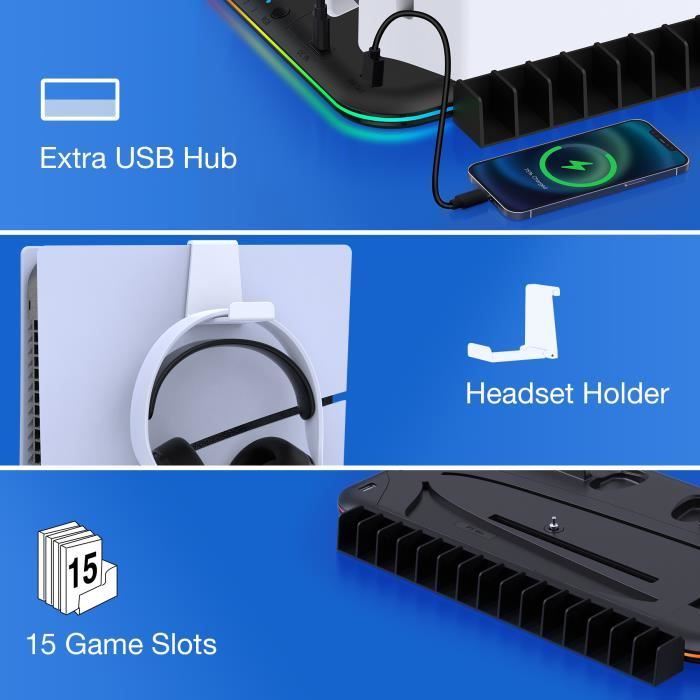 Station De Recharge Et Rangement Pour Switch – Charge 4 Joy-Con, 9 Cartouches, 16 Disques – RGB Et Crochets Casque