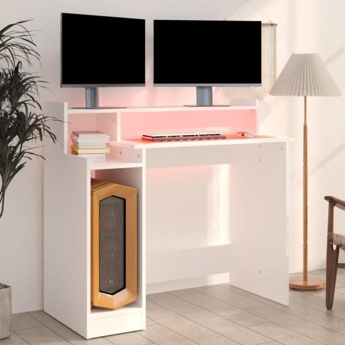 Bureau avec Lumières LED Table dOrdinateur Bureau dEcriture Table dEtude Informatique Blanc 97x45x90 cm Bois dIngénierie