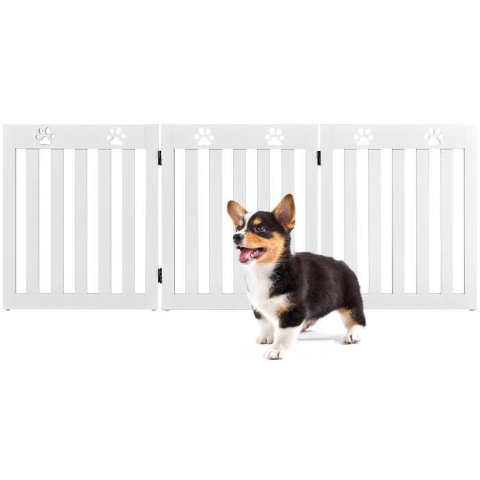 Comparer les prix de GYMAX Barrière de Sécurité Pliable, en Bois, avec 3 Panneaux, Charnière Flexible à 360°, pour Chiens/Chiot/Lapin, 151,5x60CM, Blanc