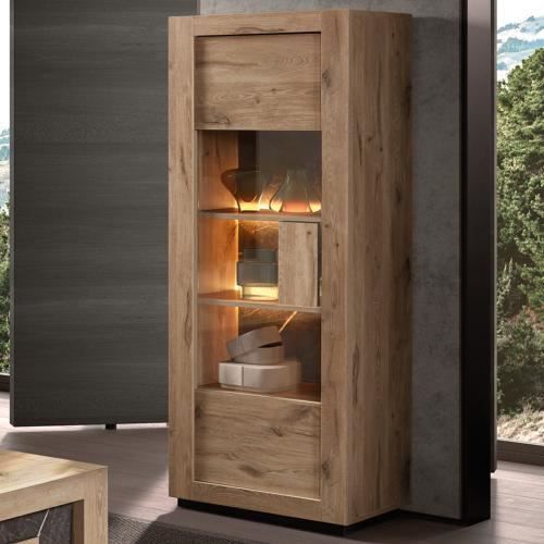Vitrine LED couleur chêne clair et effet marbre gris SANCHO Marron L 70 ...
