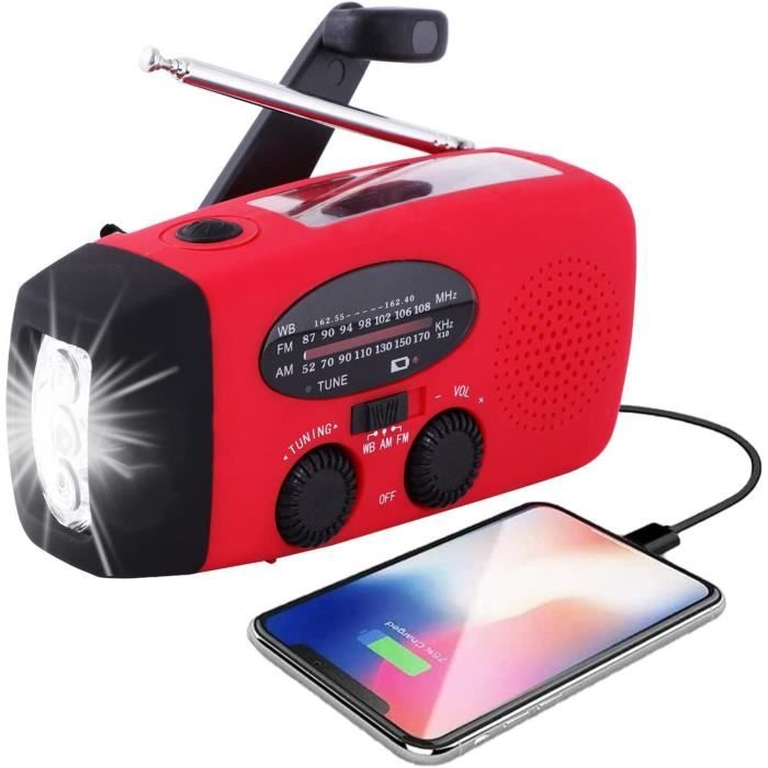 Radio Solaire Portable à Manivelle 2000mAh - AM/FM, Lampe LED, Chargeur USB Pour Camping