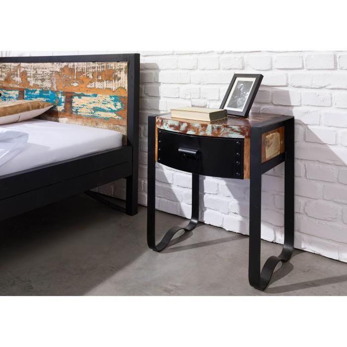 Table De Nuit Fer Et Bois Massif Recycle Laque Multicolore