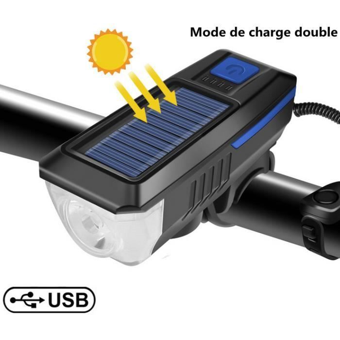 Lampe Vélo Avant Rechargeable USB et énergie solaire - 3 Modes de Luminosité - Bleu