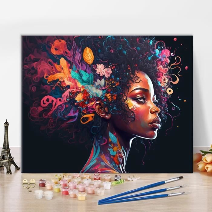 Fan House - Kit de peinture à l'huile par numéros - Pour adultes et filles africaines - Avec 4 pinceaux et pigment acrylique - Pour la décoration de la maison, un anniversaire