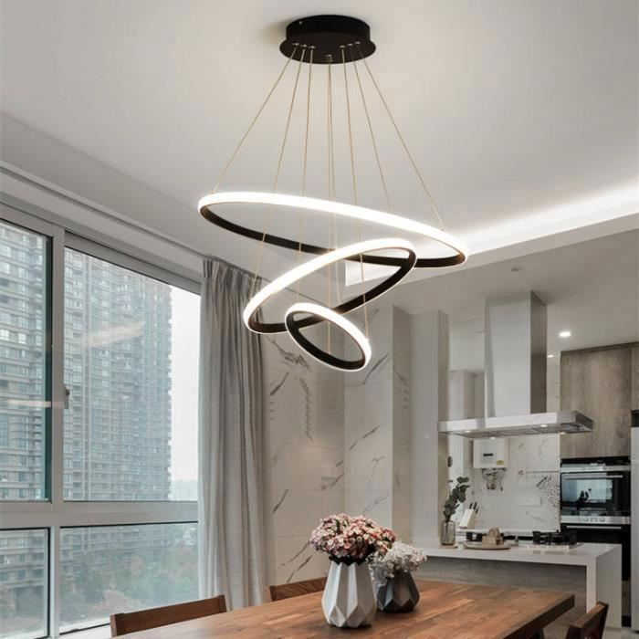 DORLINK Suspension LED 75W - 3 Anneaux Design Moderne Rond Noir - 3000K/4500K/6500K - Salon Chambre Salle à manger - Ø20+40+60cm