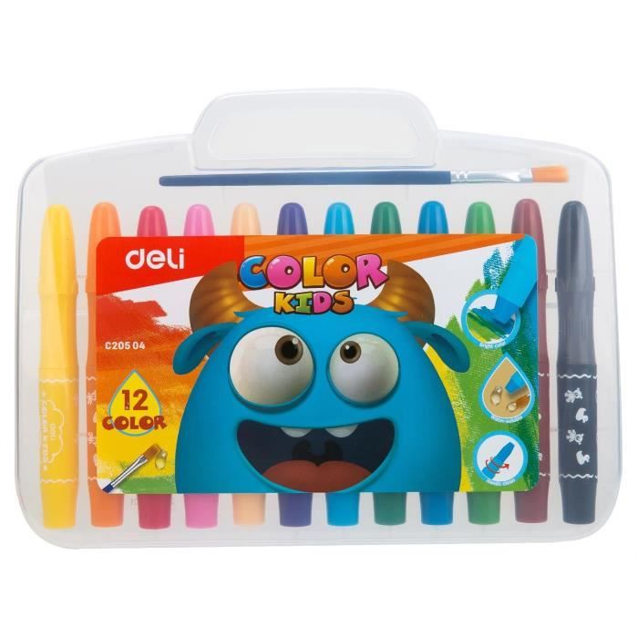 Boîte 12 crayons gel jumbo Color Kids, super doux, 12 couleurs, 1 pinceau, soluble dans l eau, nettoyage des mains facile sous l eau