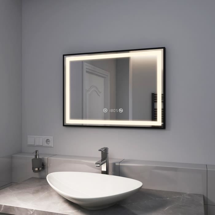 SANYROI Miroir Salle De Bain LED 120x60 Cm - Anti-Buée - Loupe 3X - Dimmable - Horloge - IP44