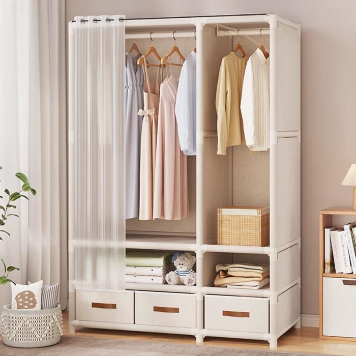 Armoire de Rangement Chambre 168.5x109x45cm en Blanc Penderie Garde-Robe  Avec 3 Tiroirs en Tissu - Cdiscount Maison