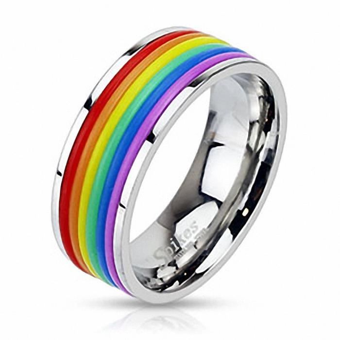 Bague homme Drapeau Gay en acier inoxydable et Caoutchouc 64.5