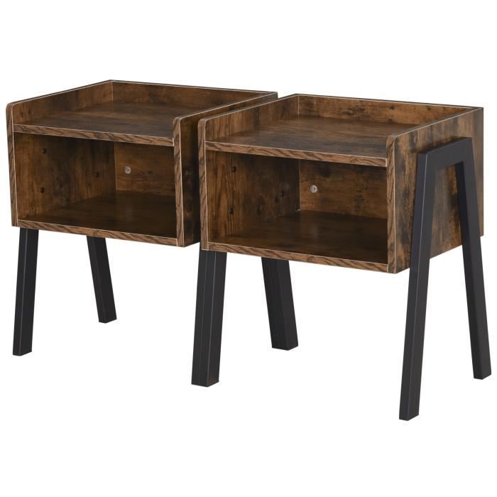 tables de chevet style industriel - lot de 2 tables de nuit - meubles empilables - panneaux particules aspect vieux bois métal noir