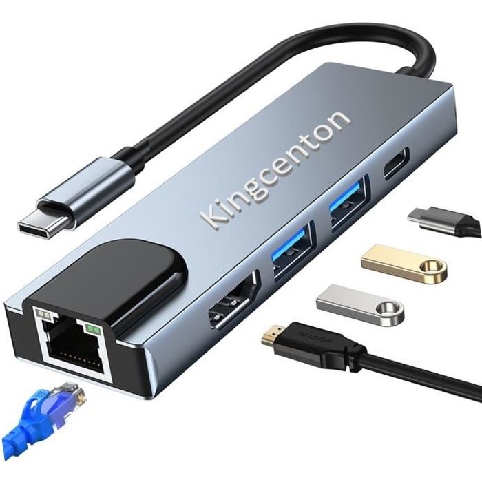 Hub USB C HDMI Ethernet 5 en 1, Adaptateur USB C Hub pour MacBook Lenovo DELL XPS avec 100M Ethernet RJ45 HDMI 4K USB 3.0 port de PD