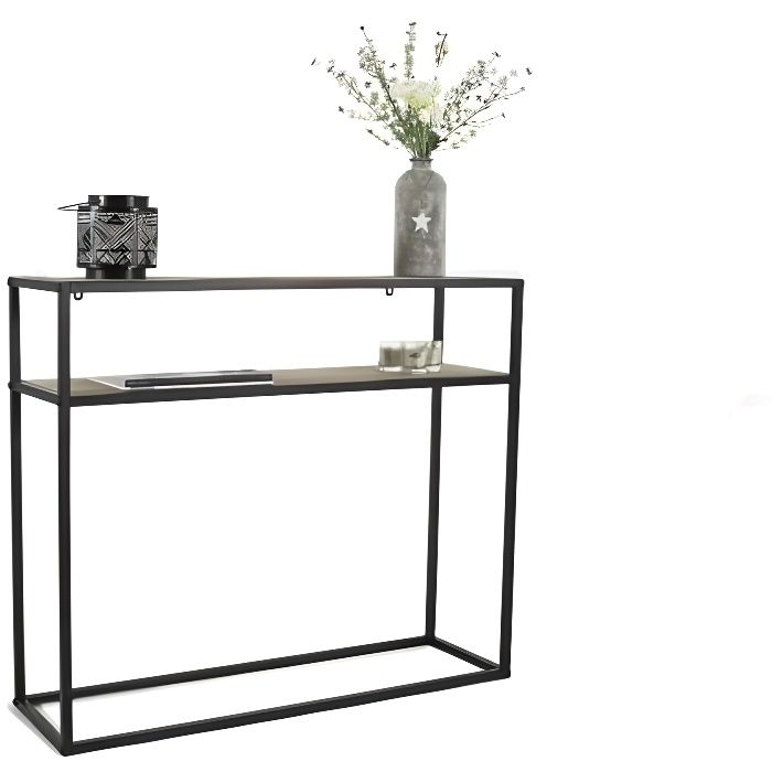 Table Console En.casa Design Industriel - 120x75x30 Cm - 2 Tiroirs Noir Effet Chêne - Métal Et Panneau Particules - Pour Entrée Ou Salon