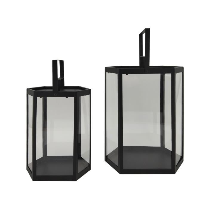 rebecca mobili lot de 2 lanternes bougeoirs en métal et pvc noir pour intérieur et extérieur moderne