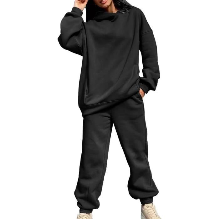 2pcs ensemble de survetement femmes sweat shirt a manches longues a capuche couleur unie pantalon de jogging avec poches Survetemen Noir Cdiscount Pret a Porter