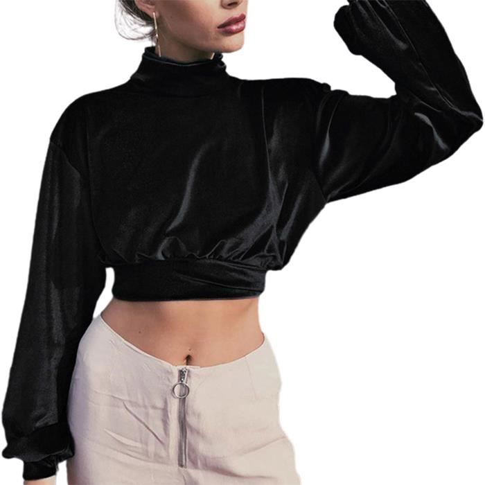 CHEMISIER BLOUSE LIQUETTE Crop Top All match Elegant Cosy Confortable Couleur Unie Sweat A Capuche Femme Black Cdiscount Pret a Porter
