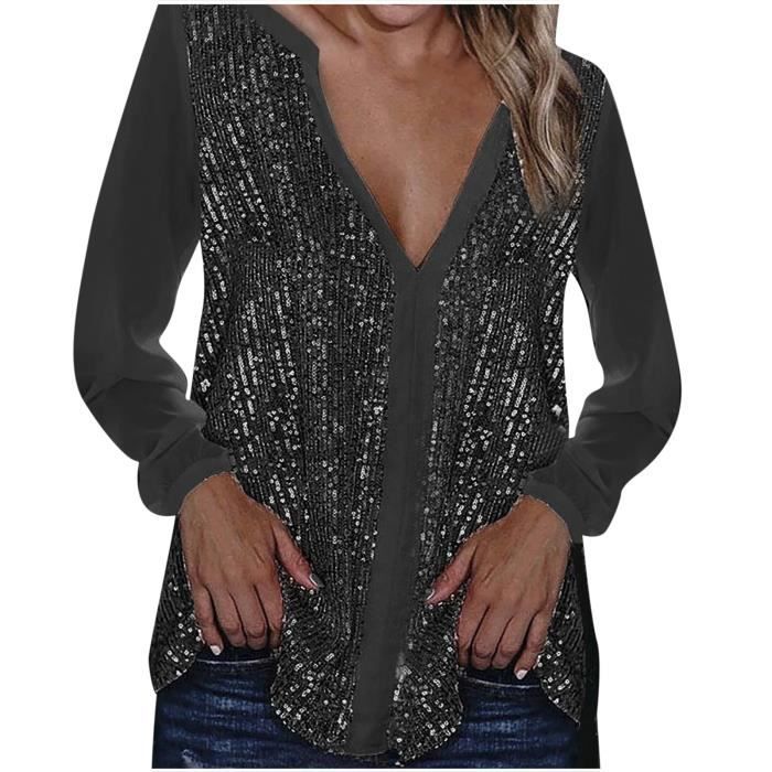 Femmes paillettes haut manches longues chemise brillante pull